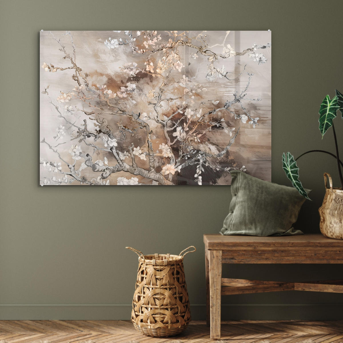 ACRYLGLASBILD Mandelblüte - Kunst - Van Gogh - Beige - Abstrakt 120x80 cm - Braun, Glas (120/80cm) - MuchoWow