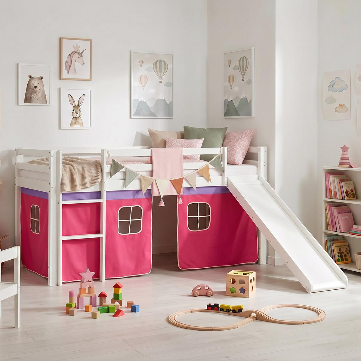 HOCHBETT 90/200 cm in Pink mit Lattenrost + Matratze - Pink/Weiß, Holz - Homestyle4u