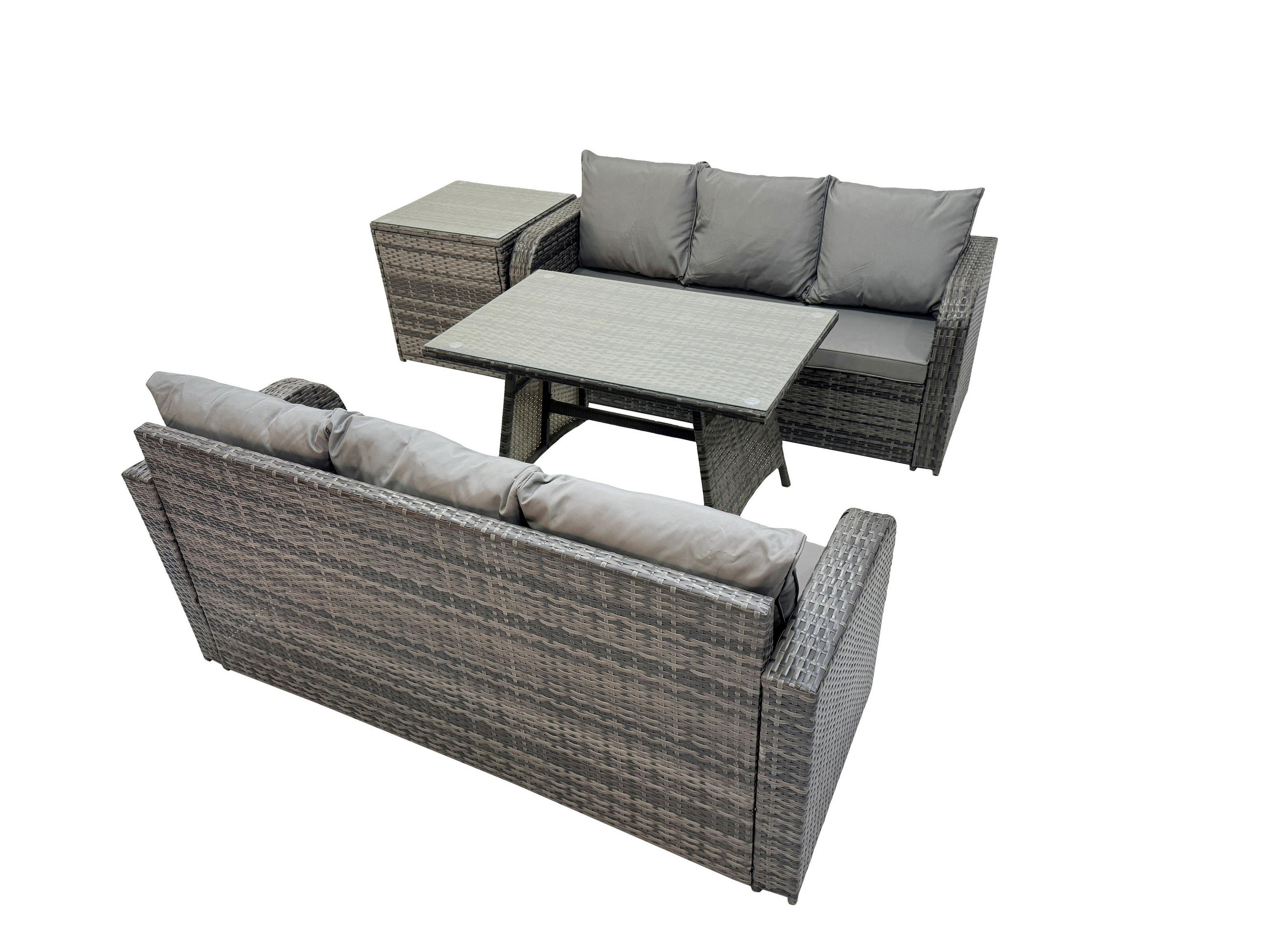 GARTENSET Hohe Rückenlehne Polyrattan 6-Sitzer - Dunkelgrau/Grau, Glas/Kunststoff - Fimous