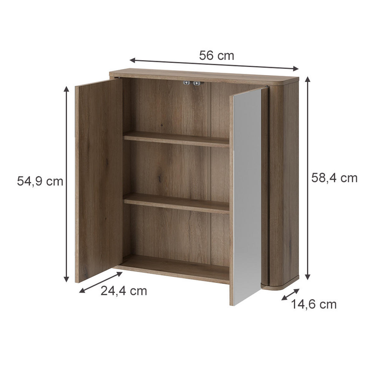 KUPAONSKI ORMAR S OGLEDALOM Skara, Hrast, 56 x 58.4 cm - boje hrasta, drvni materijal (56/58.4/14.6cm) - Vicco