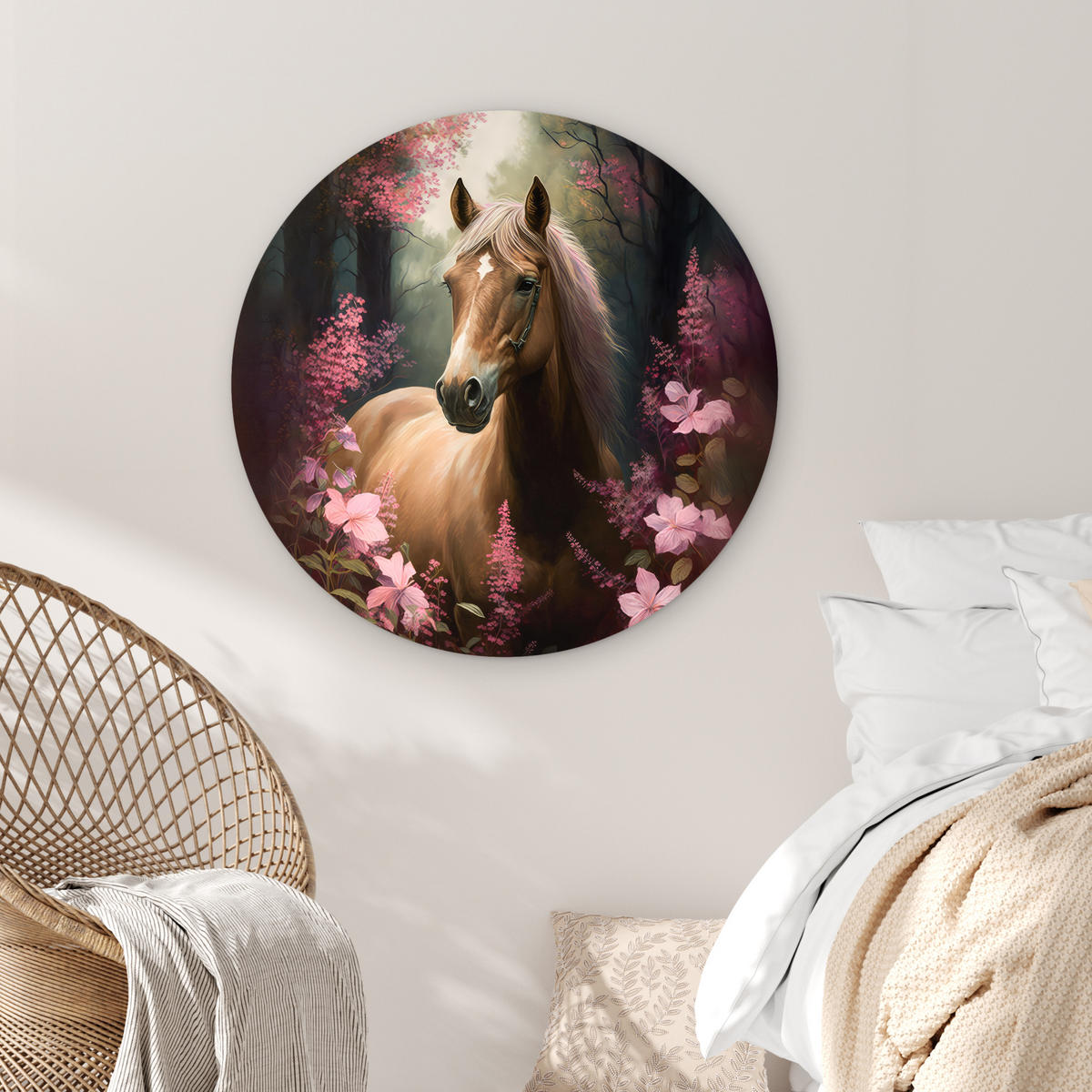 WANDBILD Pferd - Blumen - Rosa - Natur - Wald 90x90 cm - Altrosa, Kunststoff (90/90cm) - MuchoWow