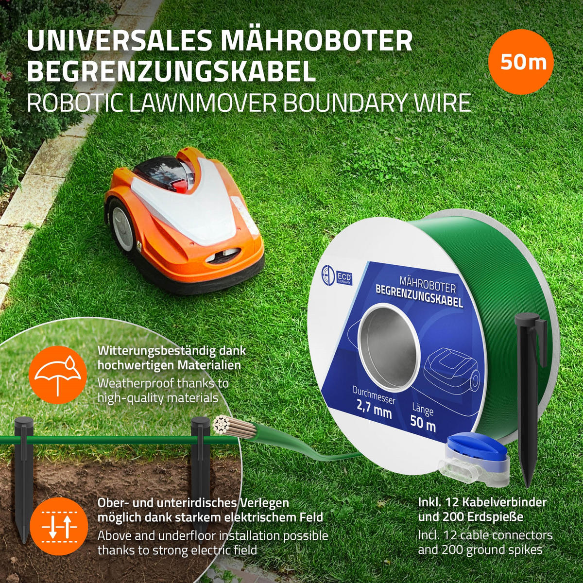 BEGRENZUNGSKABEL für Mähroboter 150m + Set aus Kupfer verzinnt - Grün, Metall (0.27/0.27/5000cm) - ECD-Germany