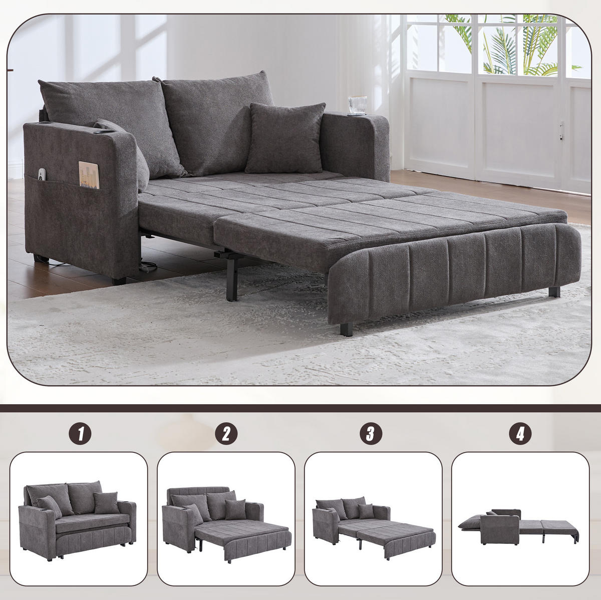 SCHLAFSOFA 136/200 cm aus Chenille mit Ausziehfunktion, Armlehnentaschen und 4 Kissen, Grau - Grau, Textil (139/83/73cm) - Redom