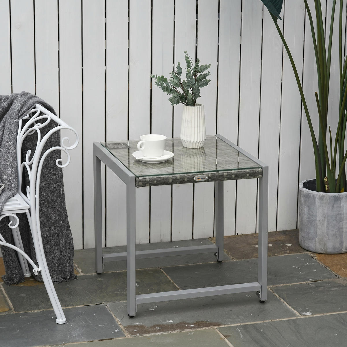 CARTENTISCH, Grau, Polyrattan, Aluminium, Hartglas - Grau, Kunststoff (50/495/50cm) - Outsunny