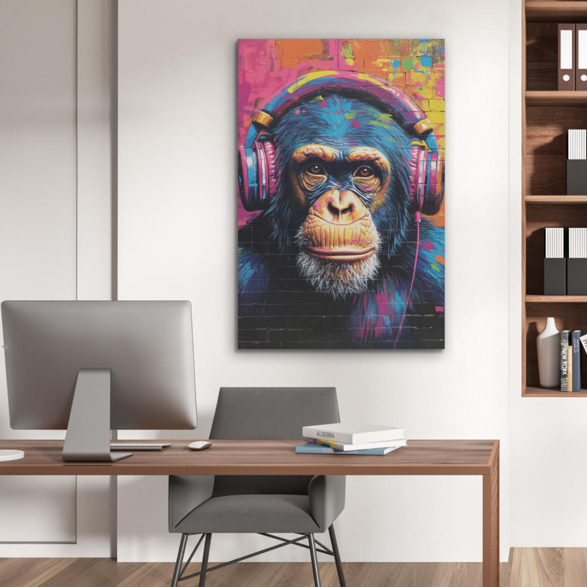 AKUSTIKBILD Graffiti - Schimpanse - Straßenkunst - Kopfhörer - Affe Wanddeko 60x90 cm - Blau, Kunststoff (60/90/0.9cm) - MuchoWow