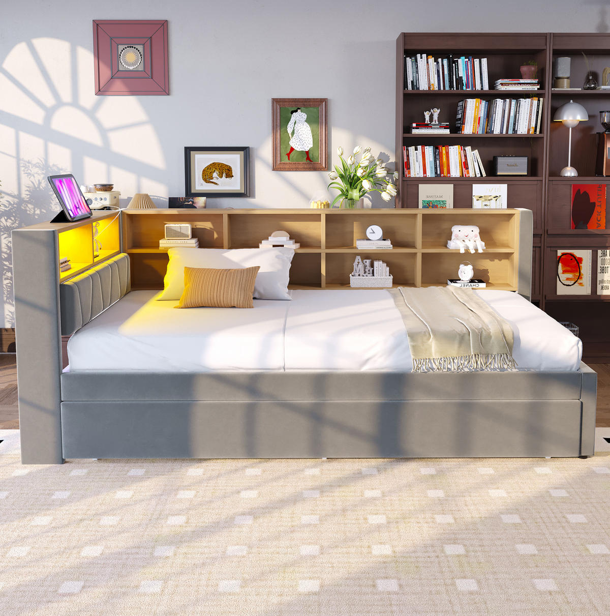 BETT 90/200 cm mit 90/190 cm Ausziehbett, LED, USB-C und Steckdose, Flanell, Dunkelgrau - Dunkelgrau, Textil (90/190cm) - Redom