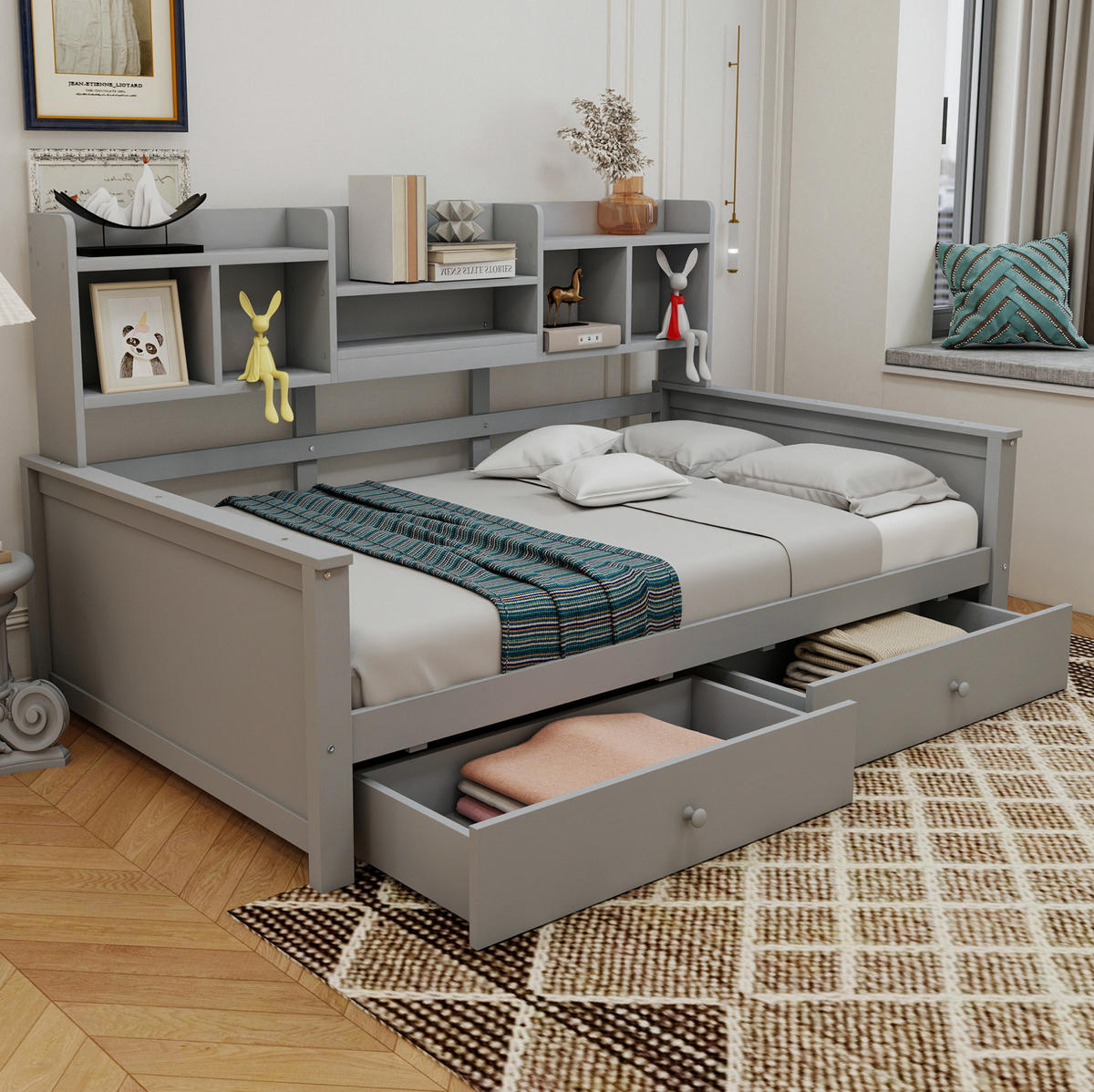 SCHLAFSOFA aus Massivholz 90x200 cm Grau mit Schubladen, Regalfächern und Lattenrost - Grau, Holzwerkstoff (90/200cm) - IVMEU