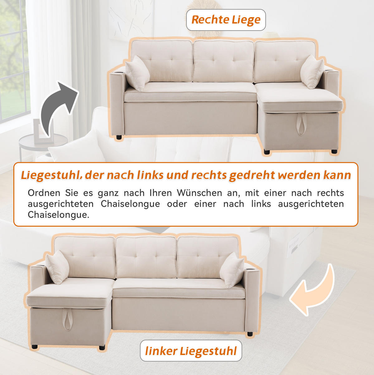 SCHLAFSOFA 211/130 cm mit Bettkasten und Chaiselongue in Beige - Beige, Textil (130/86/211cm) - BEAOK