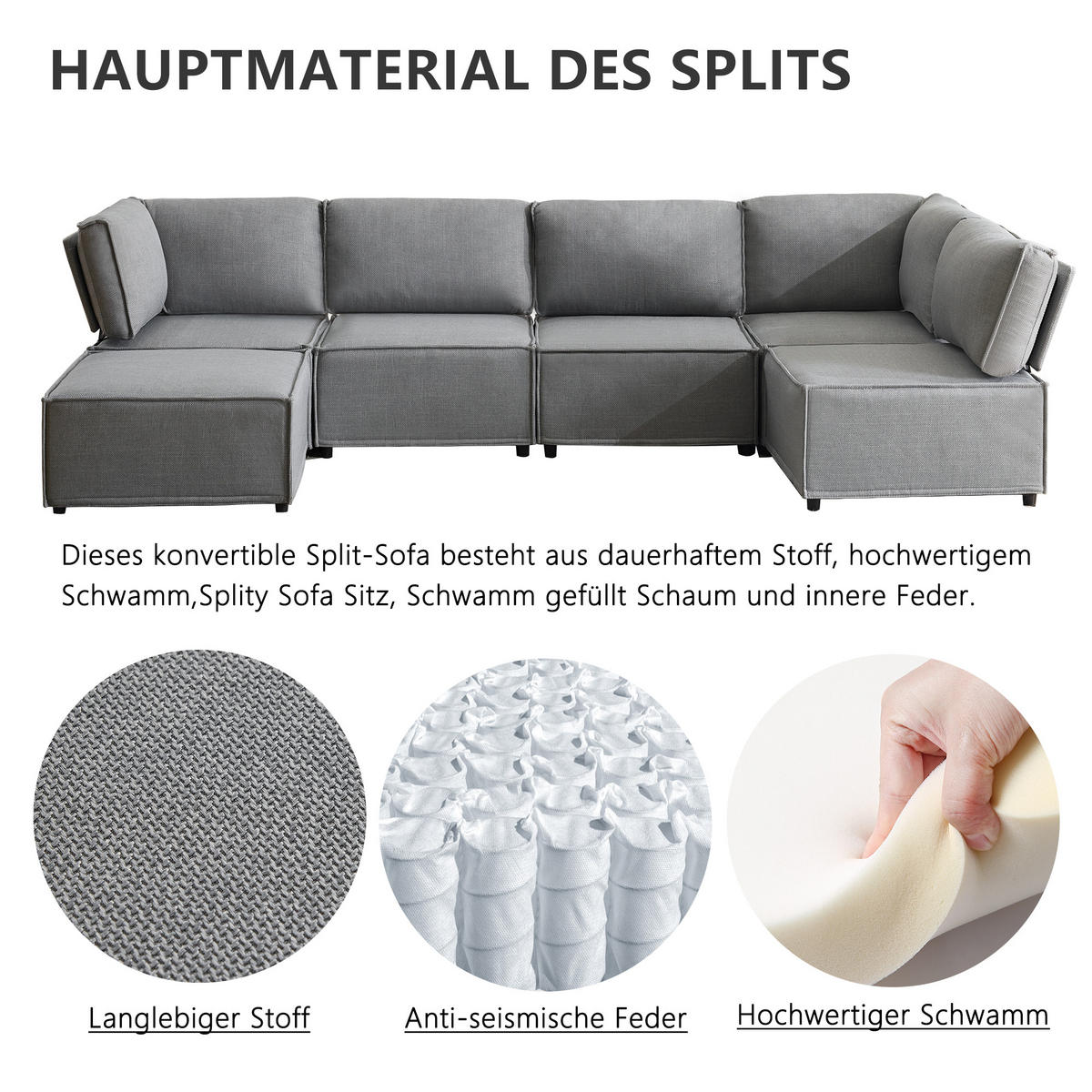 WOHNLANDSCHAFT Leinen Hellgrau mit Schlaffunktion - Hellgrau, Holzwerkstoff/Textil (308/77/152cm) - WISHDOR