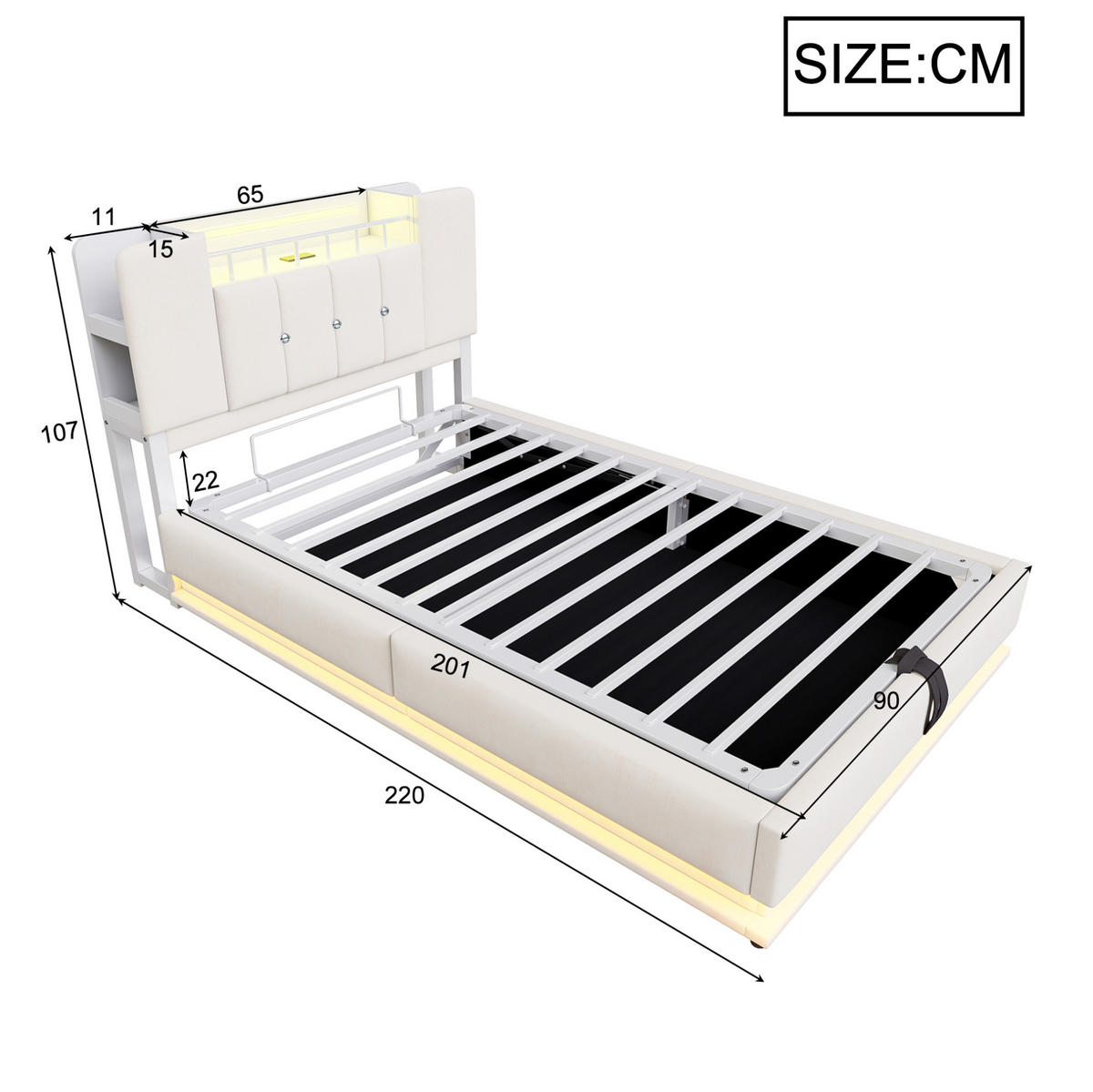 POLSTERBETT mit LED, USB und Stauraum 90x200 cm Beige - Beige, Metall (90/200cm) - Meubliv