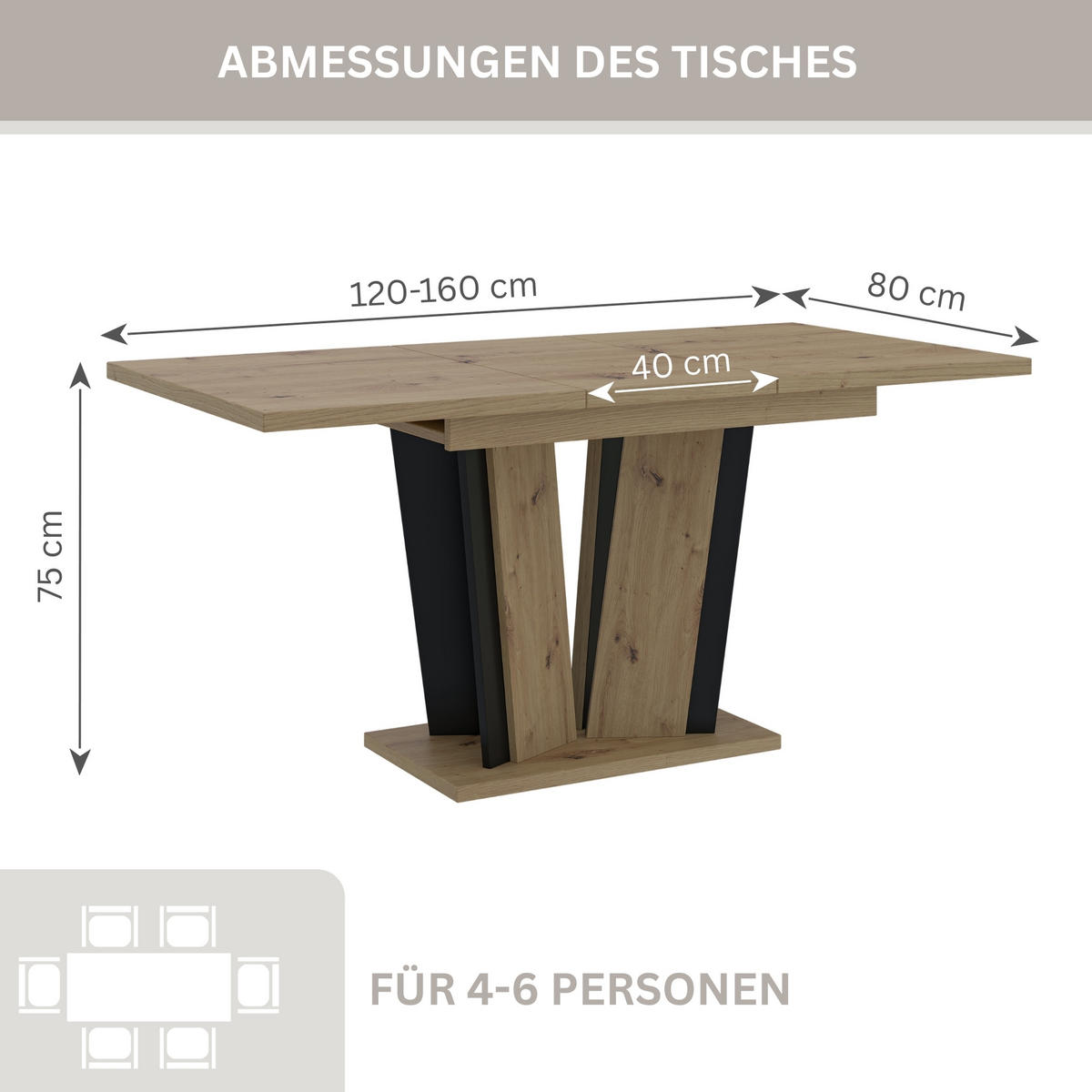 ESSTISCH Ausziehbar 120 - 160 cm Artisan Eiche Holzoptik und Schwarz - Schwarz/Eiche Artisan, Holzwerkstoff (120/80/75cm) - PROSPERO