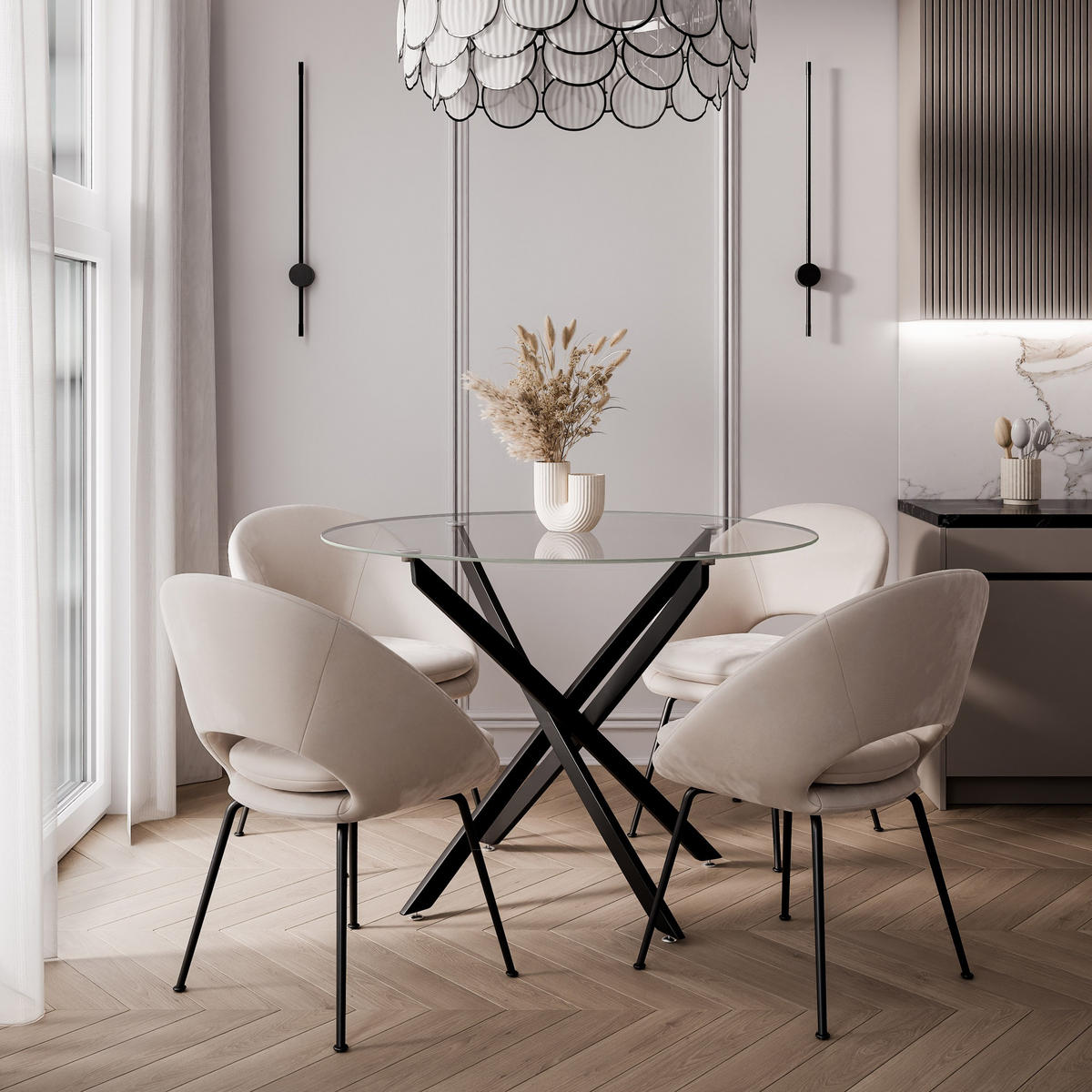 ESSTISCH BEIRA Runder Tisch 90 cm mit Glasplatte und Schwarz Tischbeine - Schwarz, Metall (90/90/72cm) - Lookway