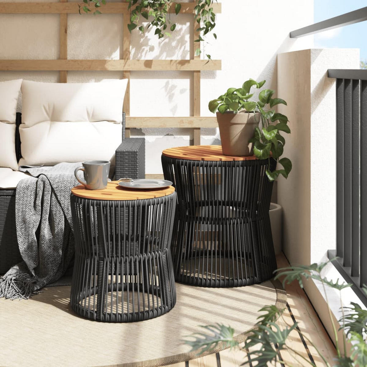 GARTEN-BEISTELLTISCHE 2 Stk. Mit Holzplatte Schwarz Poly Rattan - Schwarz, Kunststoff (50/50/50cm) - vidaXL