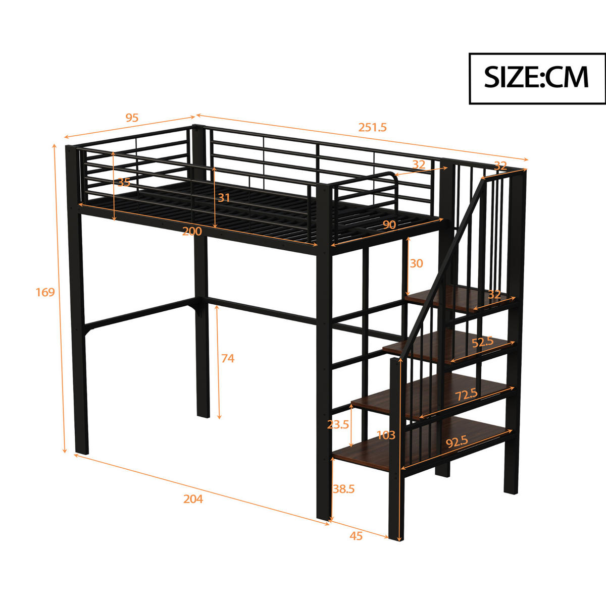 HOCHBETT 90/200 cm, Schwarz mit Stauraum und Treppe - Schwarz, Metall (90/200cm) - MIVRAY