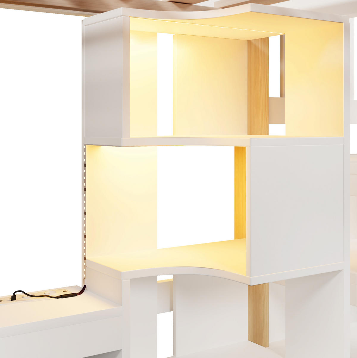 VISOKI krevet 90/200 cm s LED osvjetljenjem, stolom, policama i spremištem, Borovina + MDF, Bijela i prirodna - bijela, drvo (140/200cm) - Redom