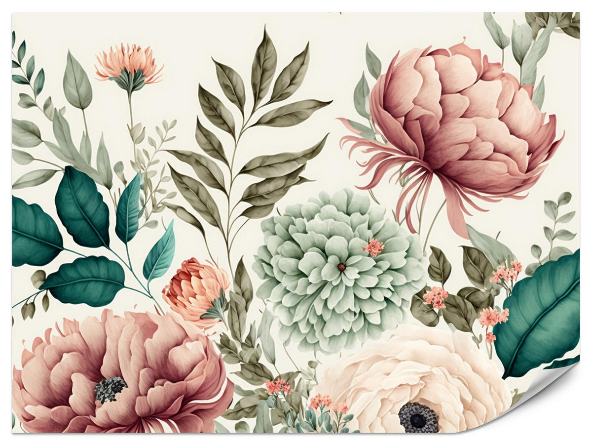 FOTOTAPETA Pre Spálňu Pastelové Pivonky Kvety Listy 200 x 140 cm - modrá/zelená, papier (200/140cm) - Muralo