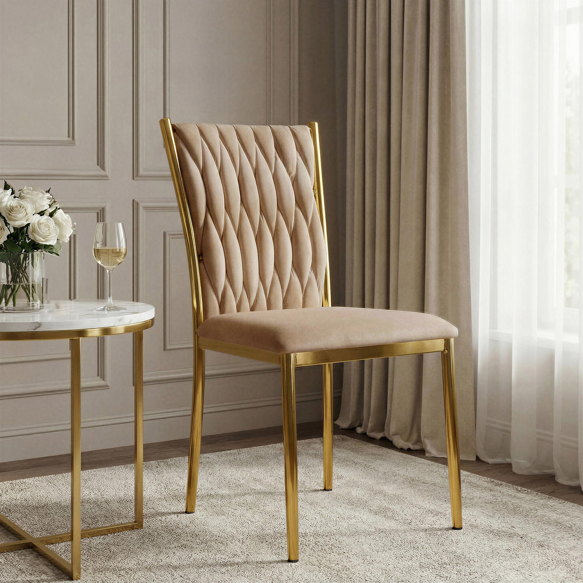 STUHL PRIMO mit geflochtener Rückenlehne, Samt Beige - Beige/Goldfarben, Textil/Metall (48/94/43cm) - Idohome