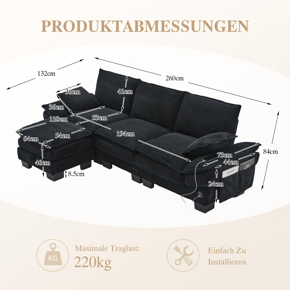 ECKSOFA aus Cord 260x132x84 cm in Schwarz mit Hocker & USB-C - Schwarz, Textil (132/260cm) - Modfu