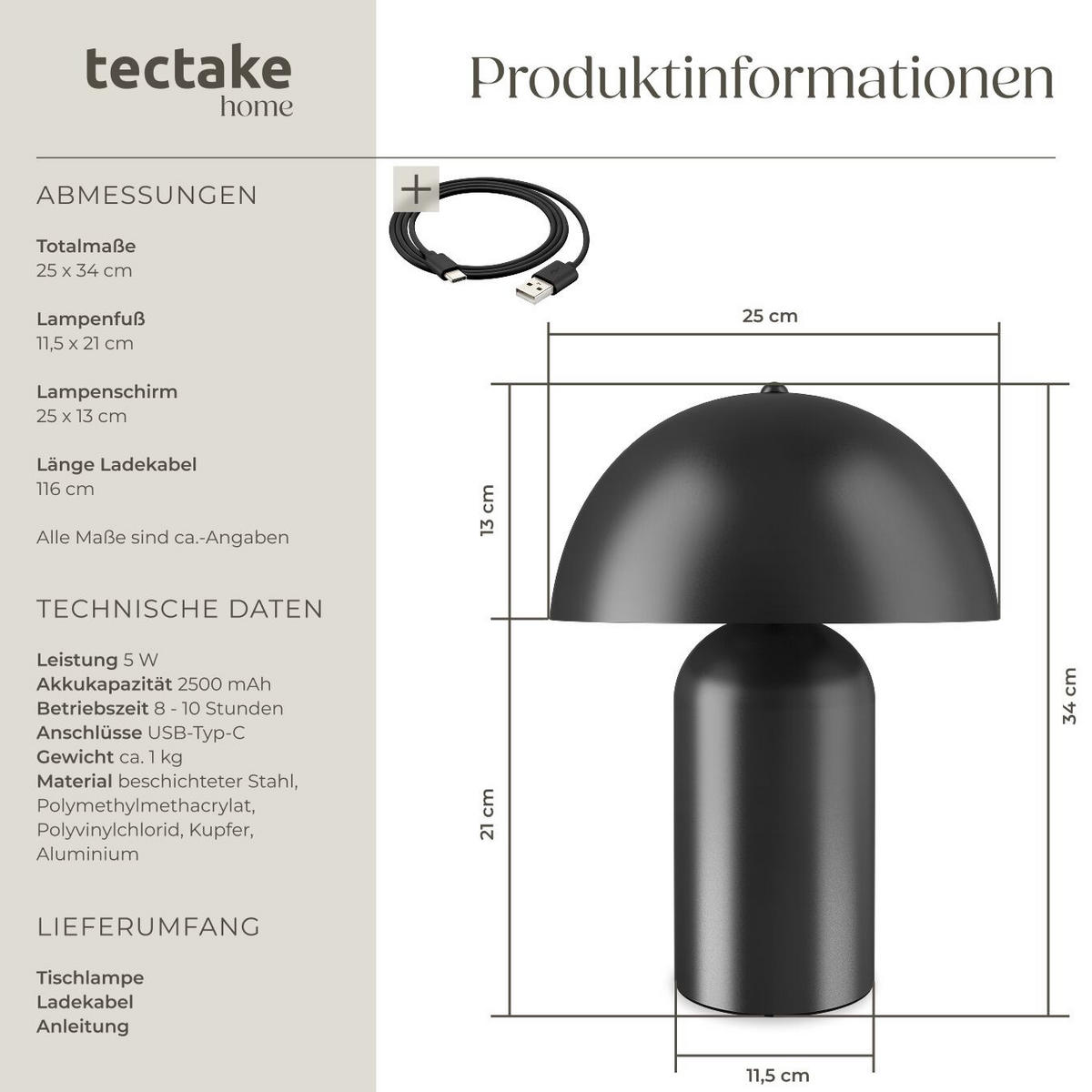 AKKU-TISCHLAMPE Kade,25 x 34 cm,schwarz - Schwarz, Metall (25/25/34cm) - tectake