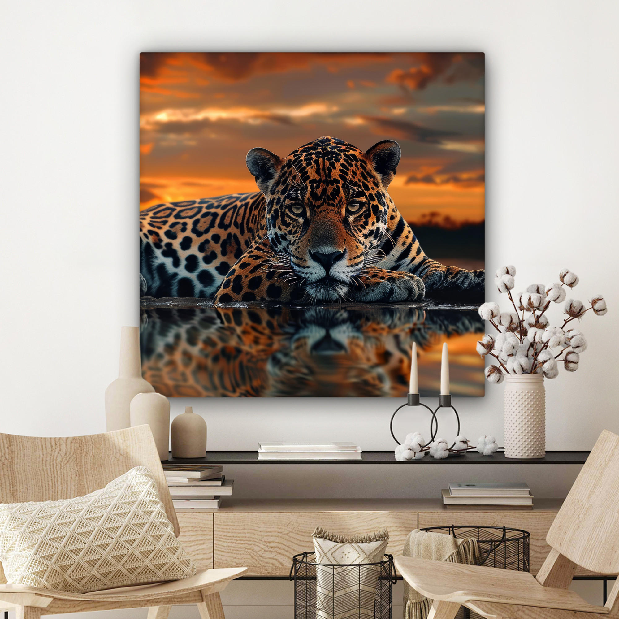 LEINWANDBILD Natur - Leopard - Tier - Sonnenuntergang - Modern 90x90 cm - Orange, Textil (90/90cm) - MuchoWow