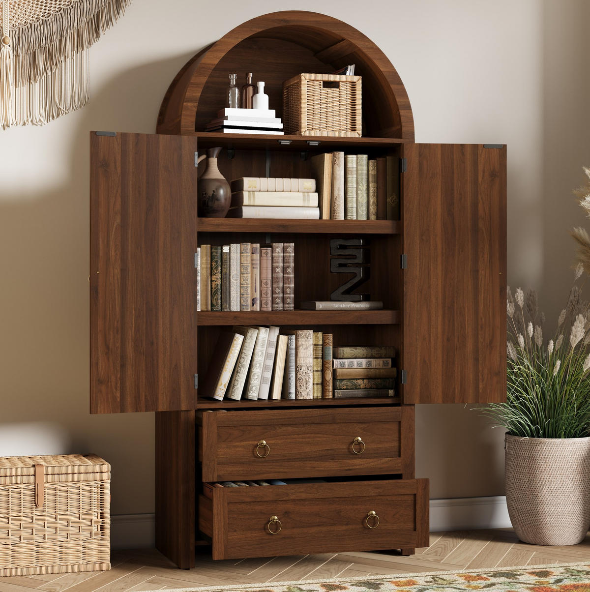 HIGHBOARD 80/180/40 cm Nussbaum aus MDF mit Rattantüren - Nussbaumfarben, Holzwerkstoff (40/180/80cm) - OKMYHOME
