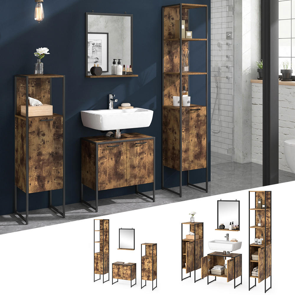 BADMÖBEL-SET Fyrk Antikholz 4 Teile, mit Hochschrank - Eichefarben/Schwarz, Holzwerkstoff (60/60/33cm) - Vicco