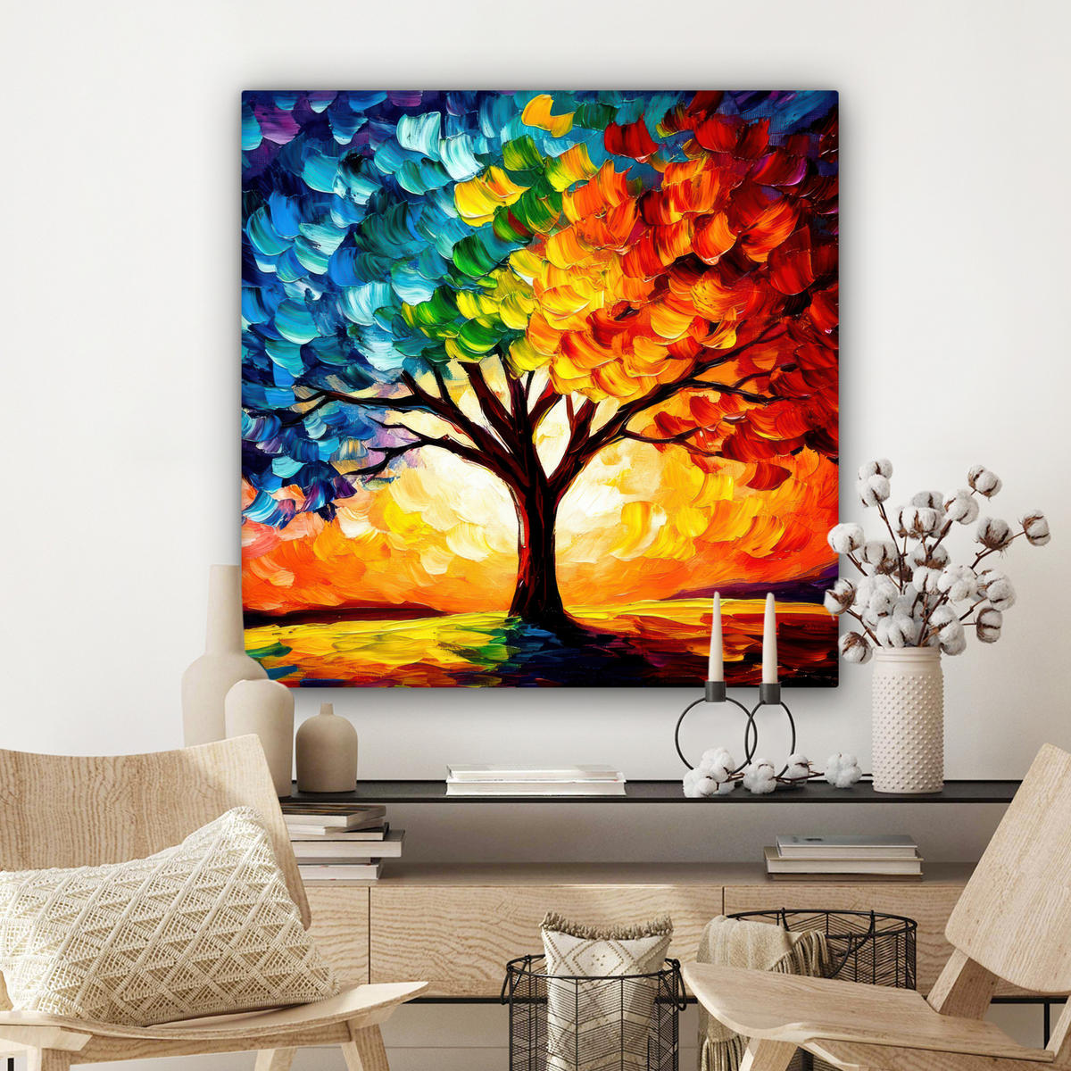 OBRAZ NA PLÁTNE Strom - umenie - príroda - západ slnka 90x90 cm - viacfarebná, textil (90/90cm) - MuchoWow
