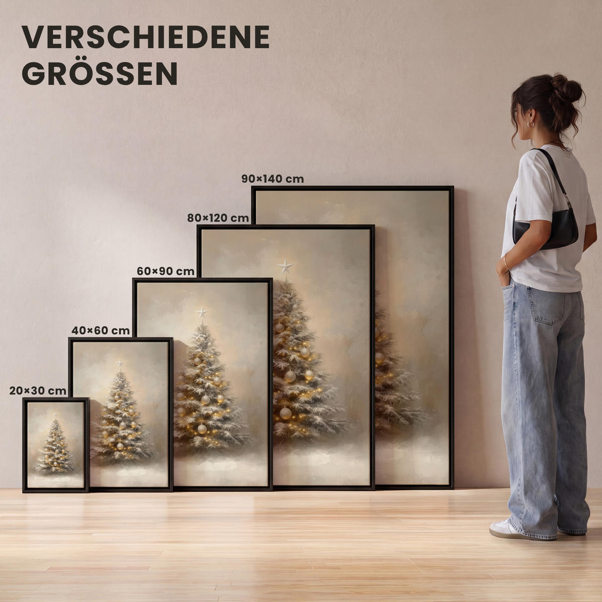 LEINWAND Bilder mit Rahmen - Weihnachten - Weihnachtsbaum - Schnee - Kunst - 80x120 - Champagner, Textil (80/120cm) - MuchoWow