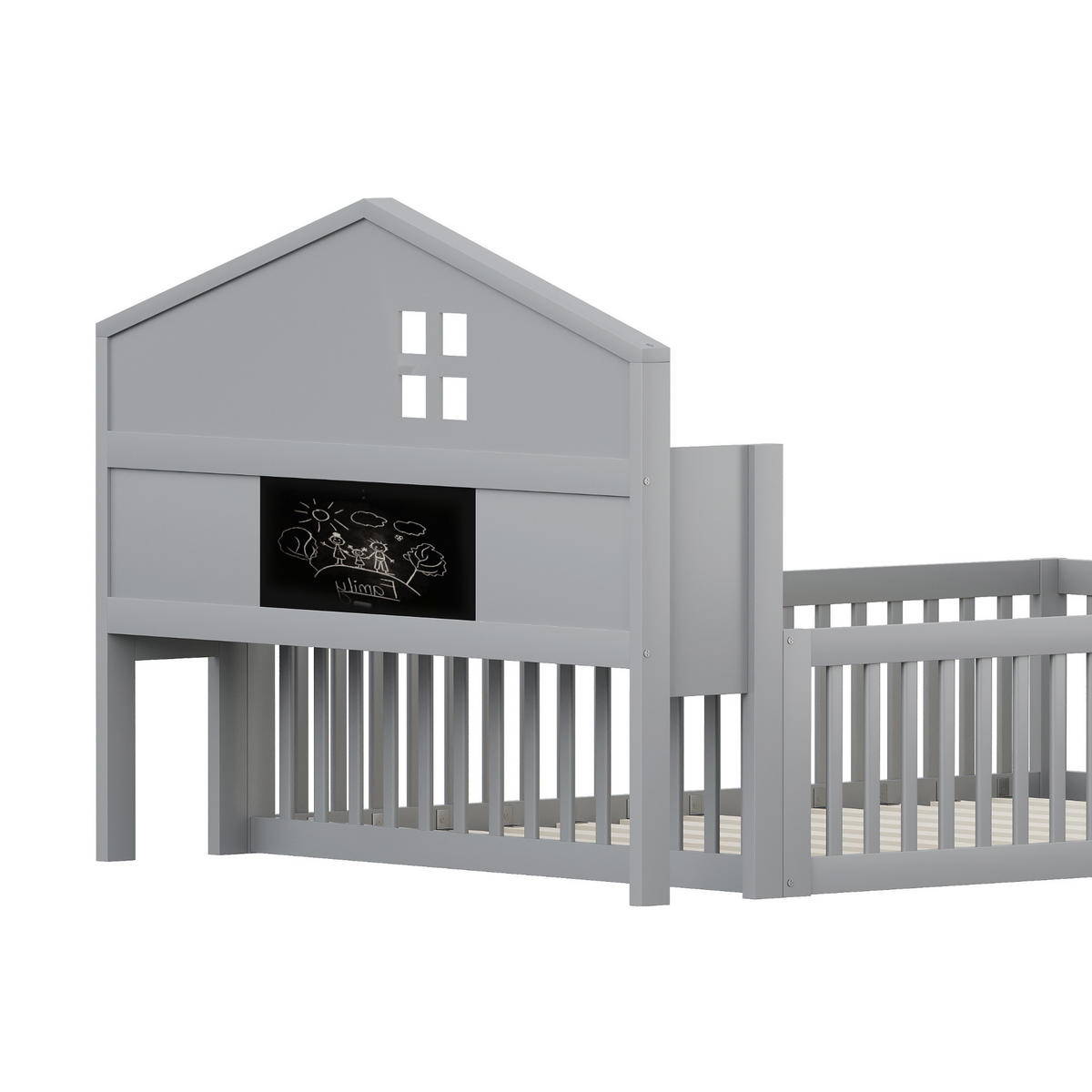 KINDERBETT aus Massivholz 140x200 cm in Grau mit Kreidetafel & Stauraum - Grau, Holz (140/200cm) - Modfu
