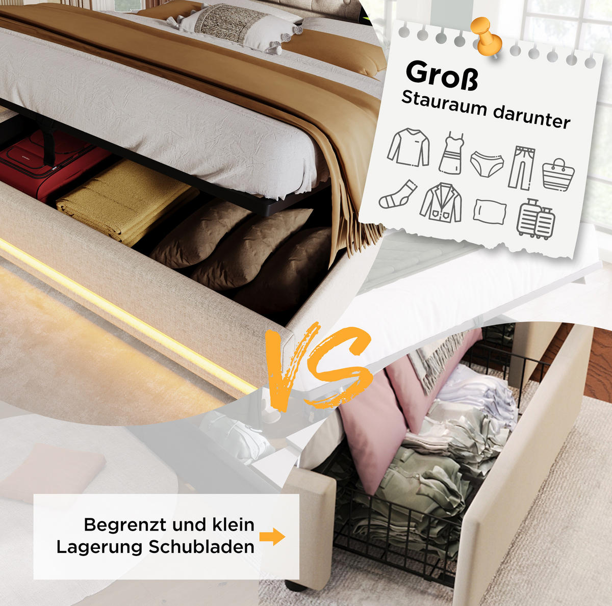 POLSTERBETT 160/200 cm Beige aus Baumwolle mit Bettkasten - Beige, Textil (160/200cm) - OKMYHOME