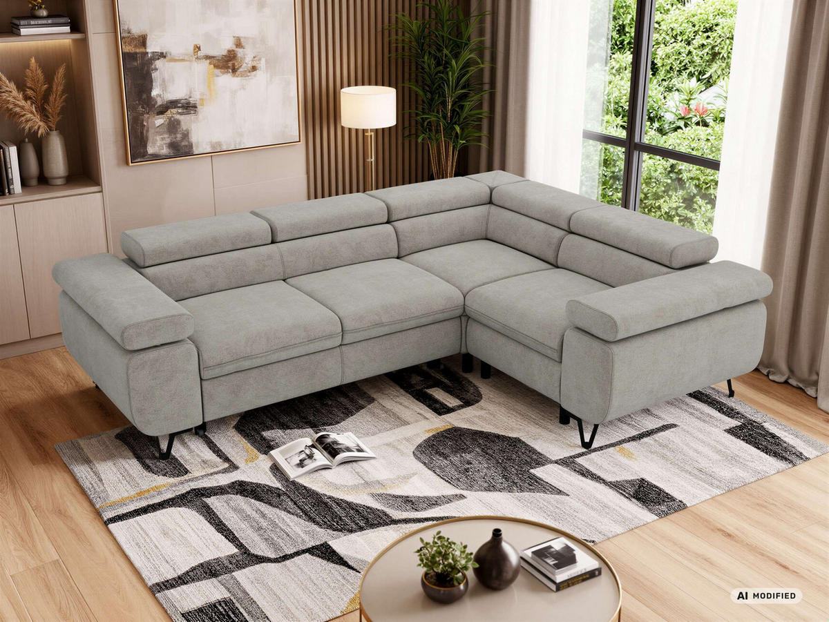 ECKSOFA FALCO L - Hellgrau Stukture - Rechts Seite - Hellgrau/Schwarz, Textil/Metall (268/197cm) - MKS