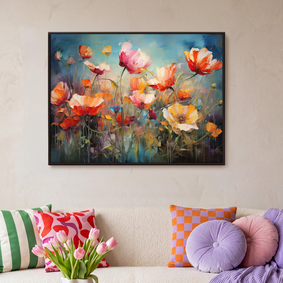 LEINWAND Bilder mit Rahmen - Blumen - Aquarell - Kunst - Botanisch - Natur - 100x70 - Orange, Textil (100/70cm) - MuchoWow