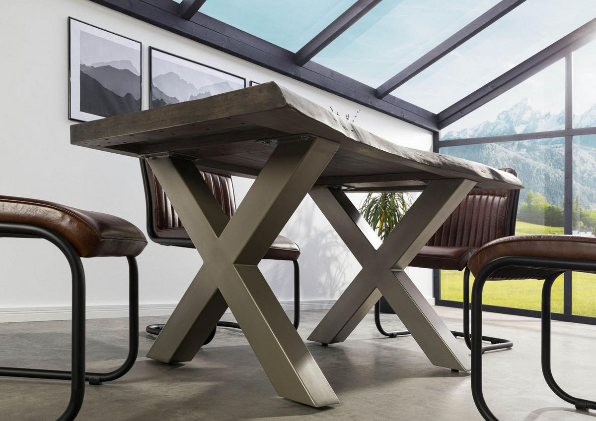 BAUMTISCH Mango 160x90x77 grau lackiert / X-Beine silber matt FREEFORM 5 - Grau, Holz (160/90/77cm) - Massivmoebel24