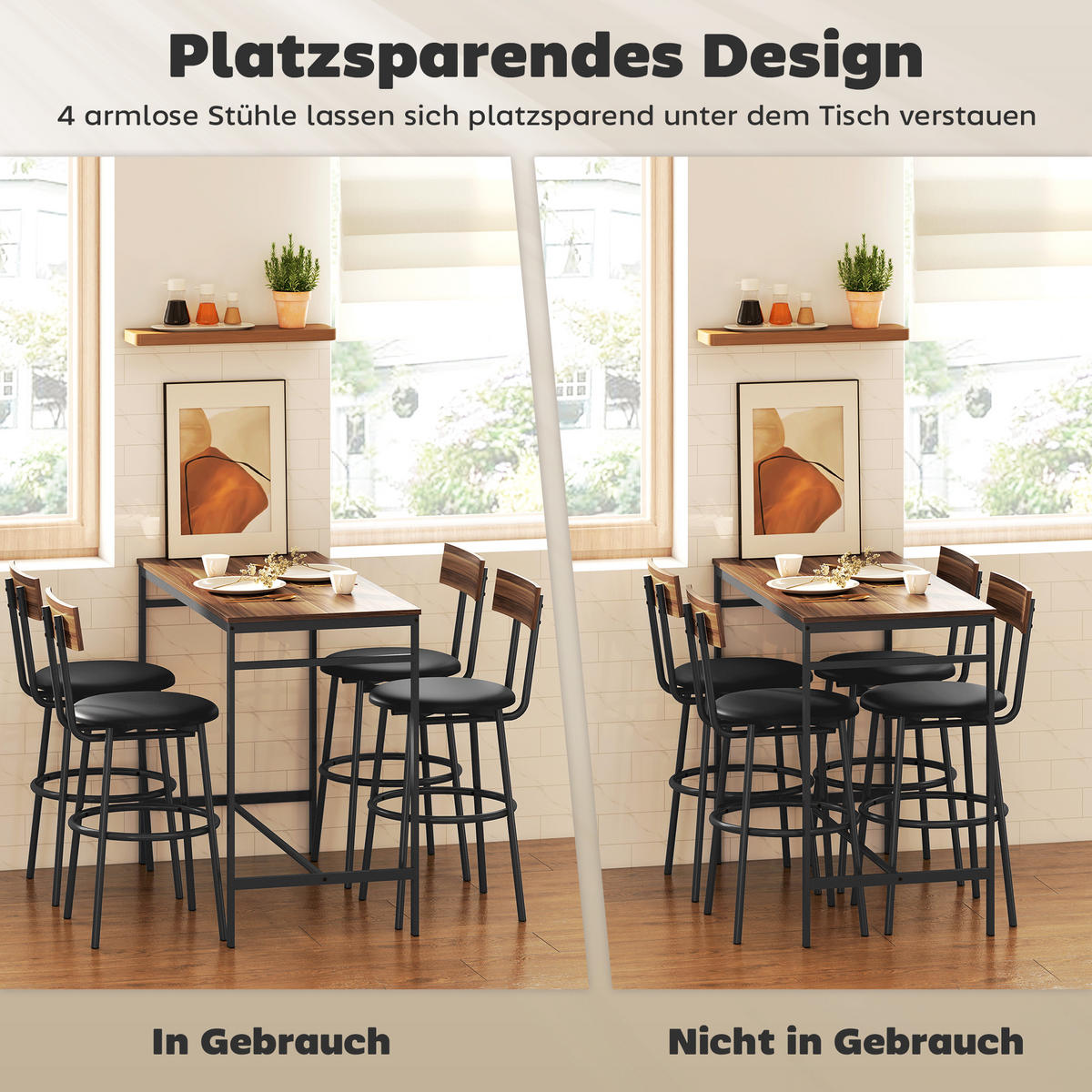 BARTISCH mit Barhocker-Set Esstisch mit 4 Stühlen mit Fußstütze Rückenlehne - Braun, Metall (55/90/110cm) - HOMCOM