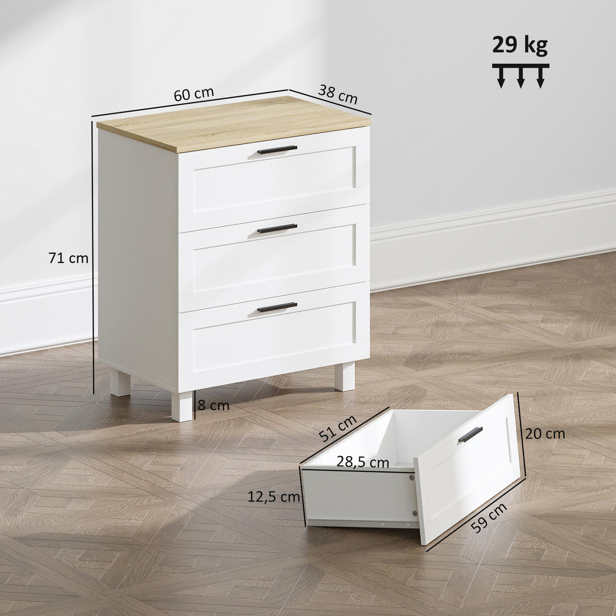KOMOODE DE-12903 3 Schubladen, moderne Beine Weiß - Weiß, Holzwerkstoff (60/71/38cm) - ComfortXL
