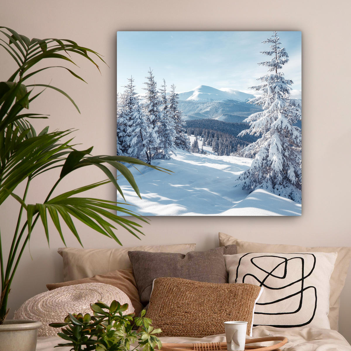 LEINWANDBILD Winterlandschaft - Natur - Berge - Bäume - Schnee 90x90 cm - Hellblau, Textil (90/90cm) - MuchoWow