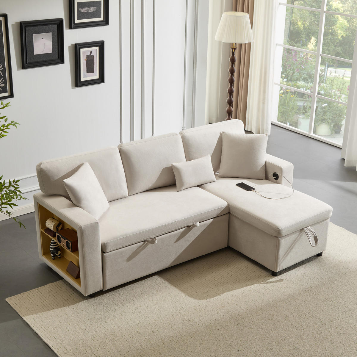 ECKSOFA L Form Schlafsofa Ausziehbar Stauraum Regal Beige - Beige, Textil (214/87/131cm) - FLIEKS