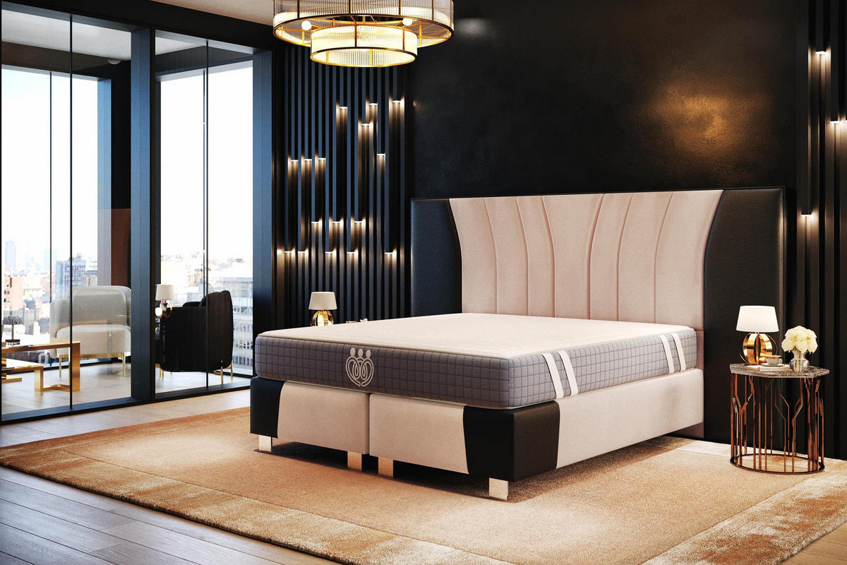 BOXSPRINGBETT IMPERIAL 160x200 cm, Aus Leder und Velvet Bezug, Schwarz Leder + Beige Velvet - Beige, Leder/Holz (160/200cm) - Trada