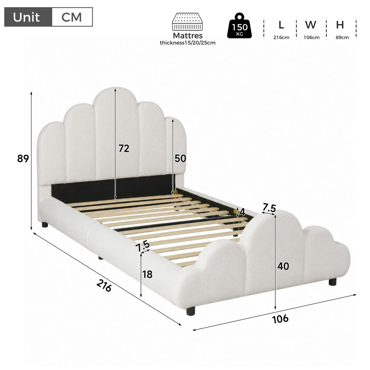 POLSTERBETT 90/200 cm in Beige mit gepolstertem Kopfteil, abgerundeten Ecken und Wolken-Design aus Bouclé - Beige/Schwarz, Holzwerkstoff/Textil (90/200cm) - STILVORA
