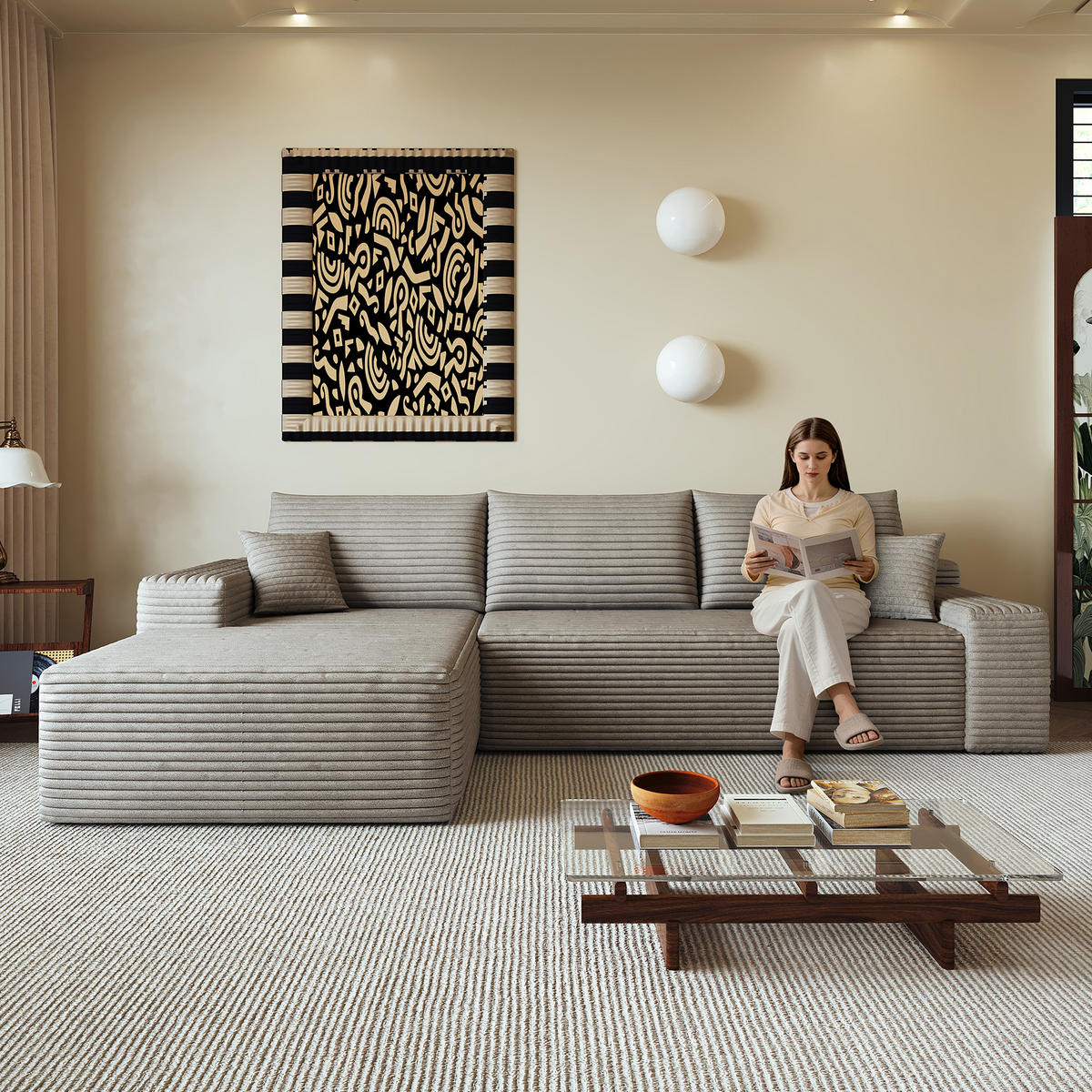 ECKSOFA 270/175/83 cm Kamel Cord mit Chaiselongue, Linke Seite - Braun/Cappuccino, Textil (270/175cm) - Oxeza