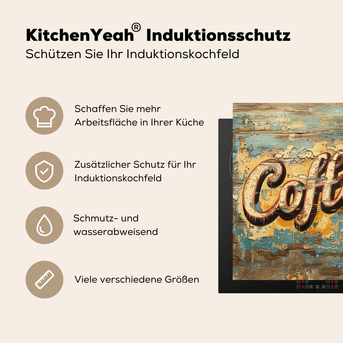 HERDABDECKPLATTE Kaffee - Vintage - Braun - Tasse Induktionsmatte 78x78 cm - Teakfarben, Kunststoff (78/78/0.2cm) - MuchoWow