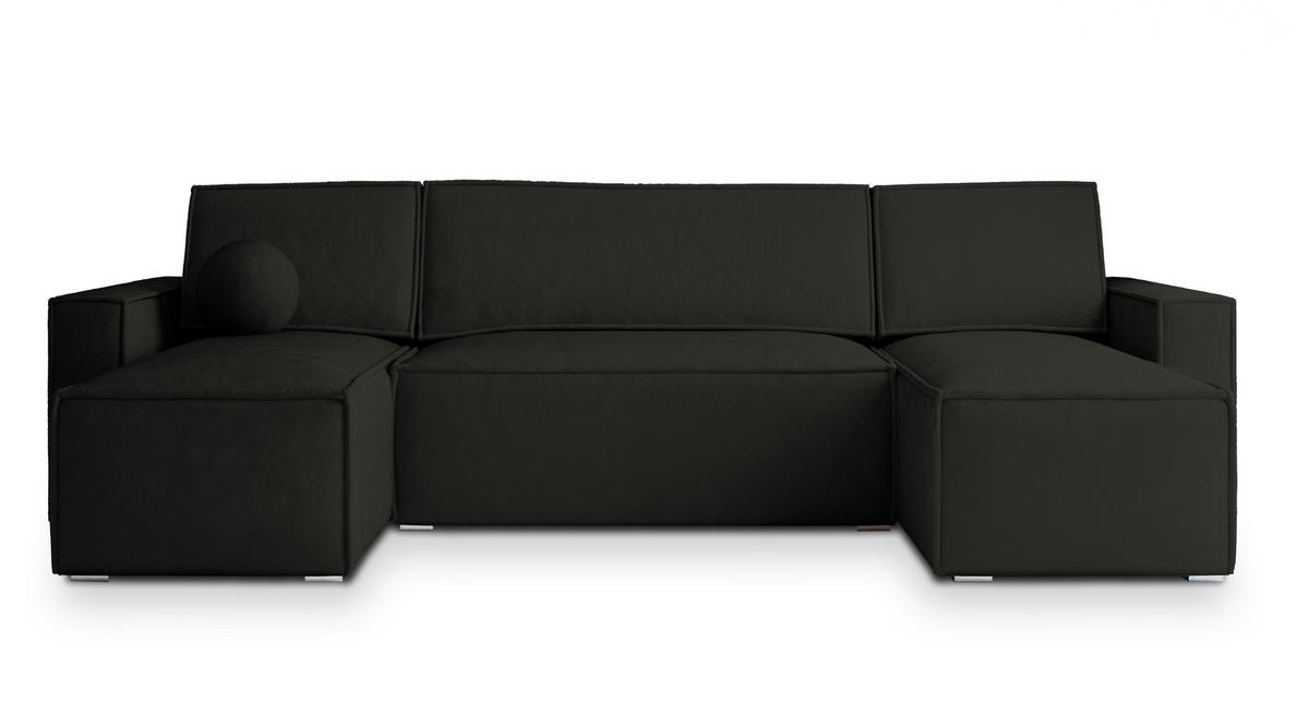 WOHNLANDSCHAFT PESANO M Schwarz Velours-Stoff mit Schlaffunktion - Schwarz, Holz (306/85/140cm) - MASSENO