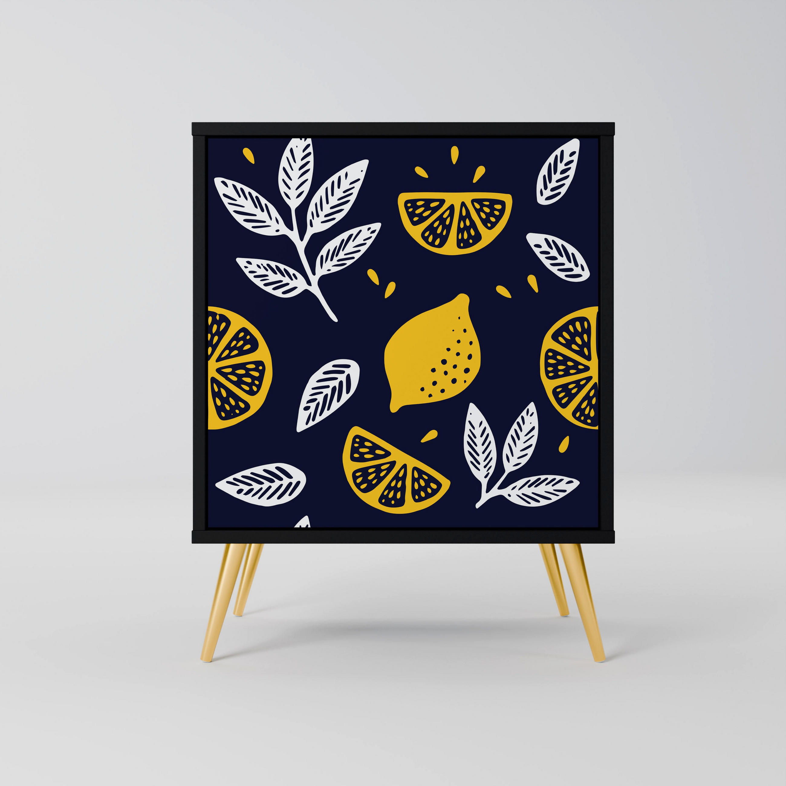 SIDEBOARD CITRUS BLACK AND WHITE, Schwarz, 57,5x42x75,5 cm, Goldfarbene Metallfüße - Goldfarben/Multicolor, Holzwerkstoff/Metall (57.5/75.5/42cm) - SpaceRebels