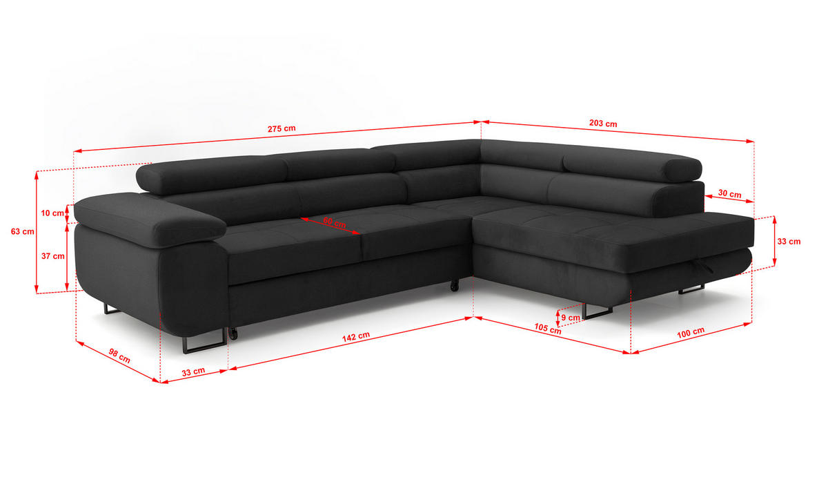 ECKSOFA Velmo mit Bettkasten und Schlaffunktion, verstellbaren Kopfstützen, in L-Form - Dunkelgrau, Textil (275/203cm)