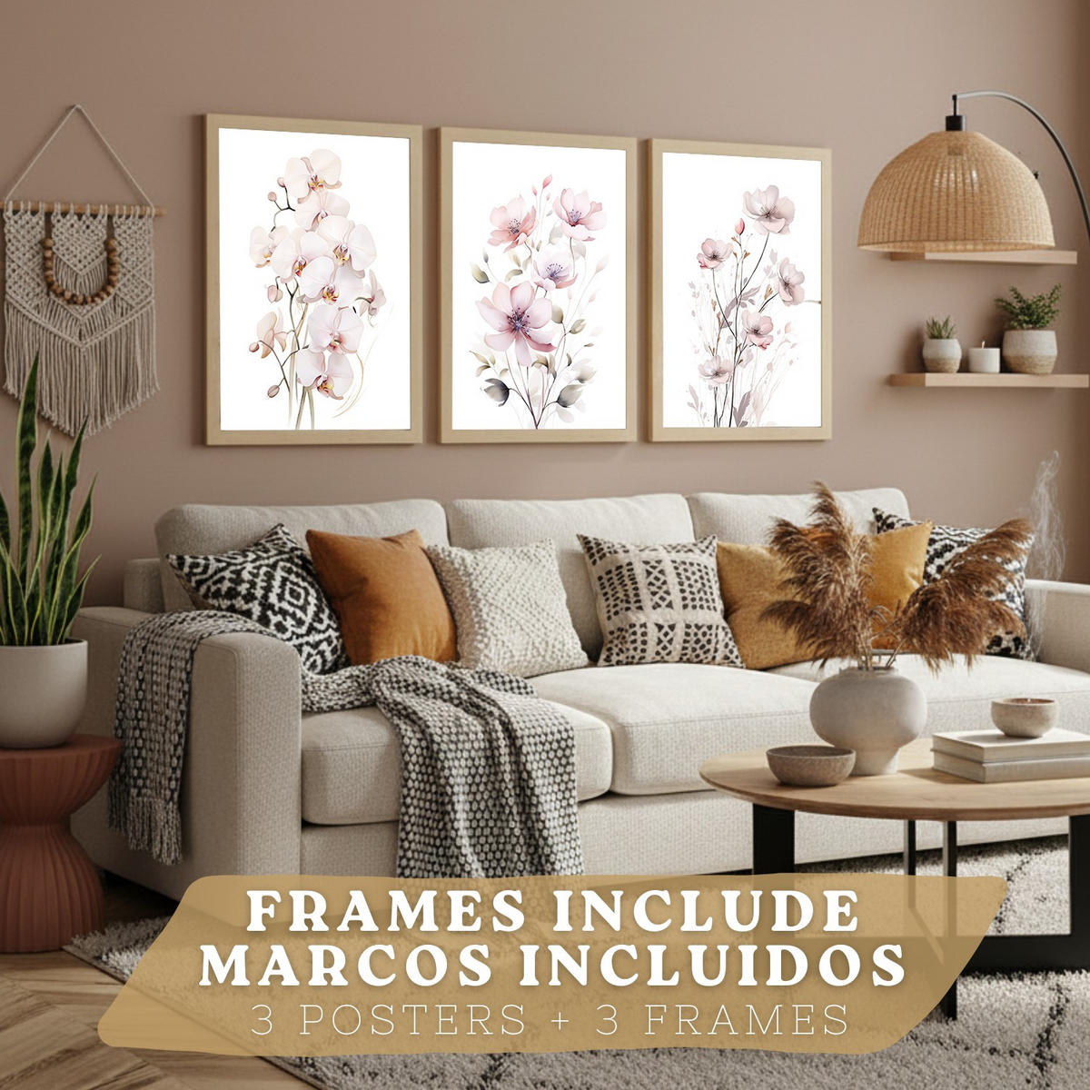 POSTER 3er-Set Wandbilder Orchidee Rosa modern Wohnzimmer Deko, Schlafzimmer, Küche, Badezimmer Rahmenlos A4 - Beige, Papier (29.7/1/21cm) - Nacnic