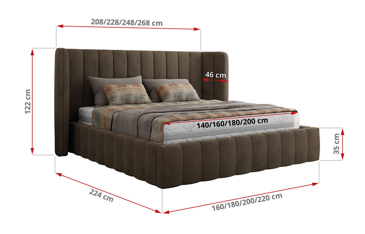 POLSTERBETT GOLETTA CLASSIC 180/200 - Braun Velvet - Schaum-Matratze - Braun, Textil (180/200cm) - MKS