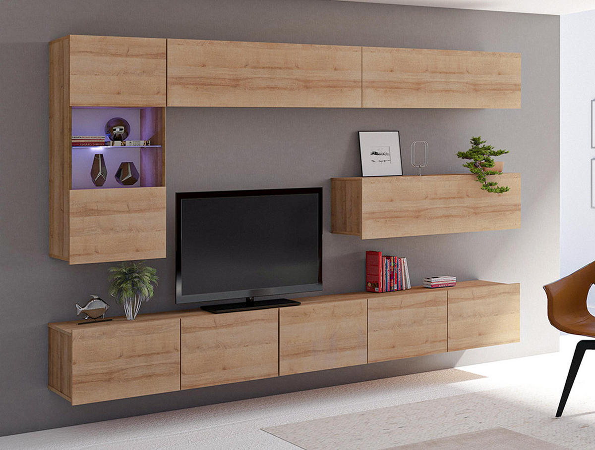 WOHNWAND Kossana 4 Modern Goldene Eiche 255/142/43 cm Stauraumwunder - Hellbraun, Holzwerkstoff/Kunststoff (255/142/43cm) - AX Living