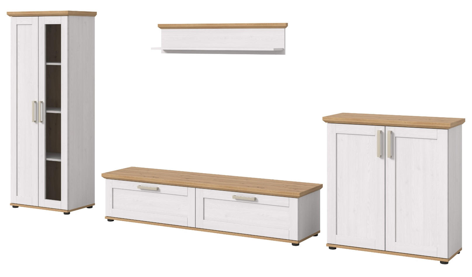 WOHNWAND 4-teilig weiß Lärche, Eiche Artisan 336 cm Landhaus, Schrankwand mit viel Stauraum - Silberfarben/Schwarz, Glas/Holzwerkstoff (336/161/40cm) - Inn.Furn