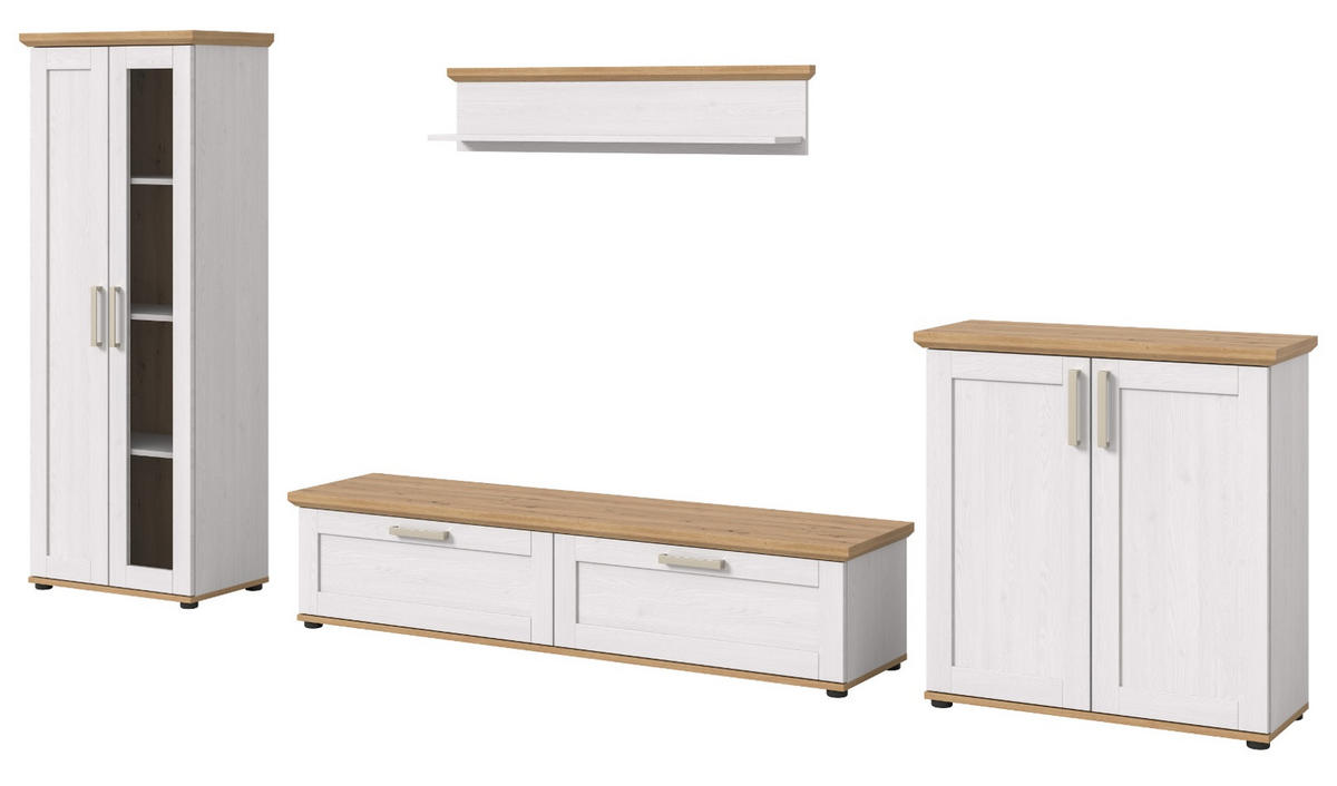 WOHNWAND 4-teilig weiß Lärche, Eiche Artisan 336 cm Landhaus, Schrankwand mit viel Stauraum - Silberfarben/Schwarz, Glas/Holzwerkstoff (336/161/40cm) - Inn.Furn