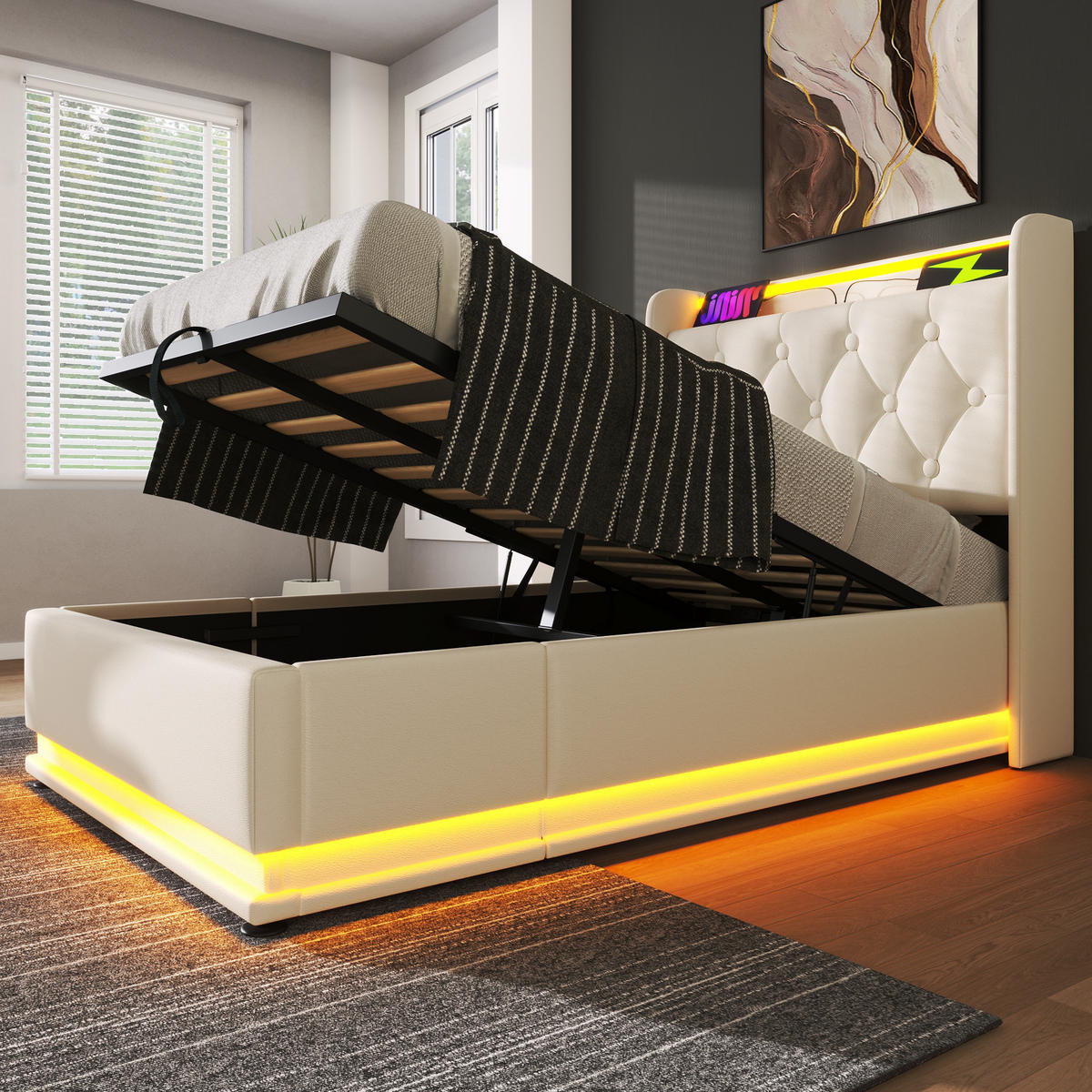 POLSTERBETT aus PU 90x200 cm Weiß mit LED-Beleuchtung, USB-C, Stauraum und Lattenrost - Weiß, Leder (90/200cm) - IVMEU